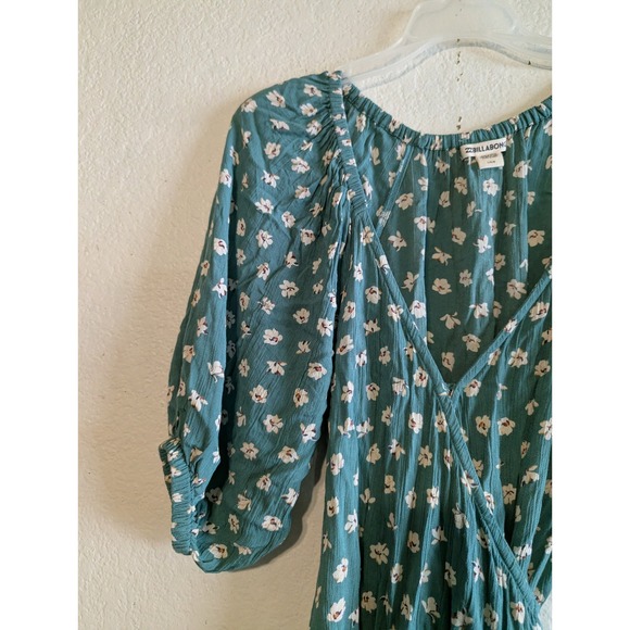 Billabong Teal Green Floral Off Shoulder Wrap Dress Puff Sleeve Rayon Womens L - Picture 11 of 16